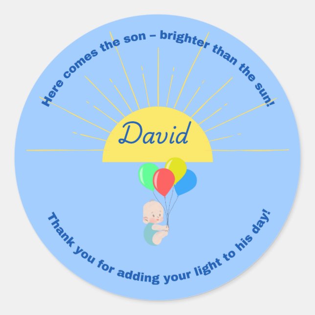 Here Comes the Son – Baby Shower Sticker for Boy (Front)