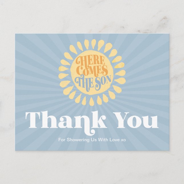 Here Comes The Son Baby Shower Thank You Postcard (Front)