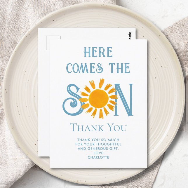  Here Comes The Son Baby Shower Thank You Postcard (Creator Uploaded)