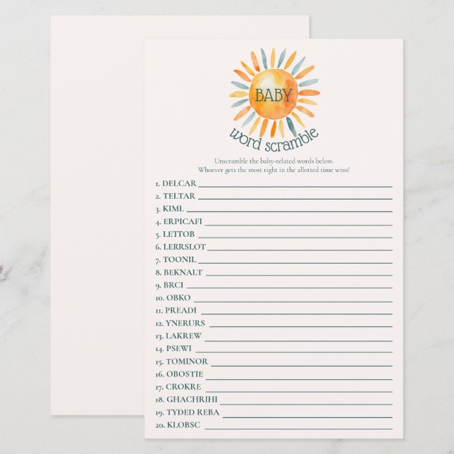 Here Comes the Son Baby Shower Word Scramble Game (Front/Back)