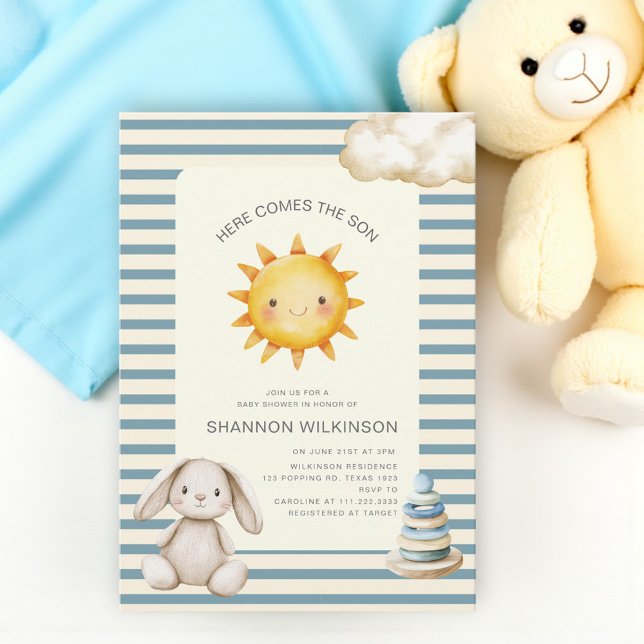 Here comes the son blue cream stripes baby shower invitation (Creator Uploaded)
