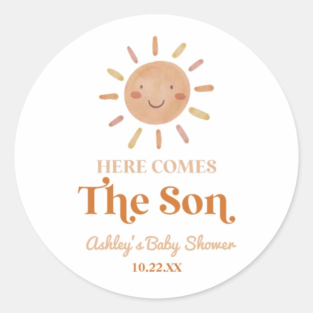 Here Comes The Son Boho Bohemian Retro Baby Shower Classic Round Sticker (Front)