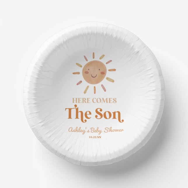Here Comes The Son Boho Bohemian Retro Baby Shower Paper Plate (Front)