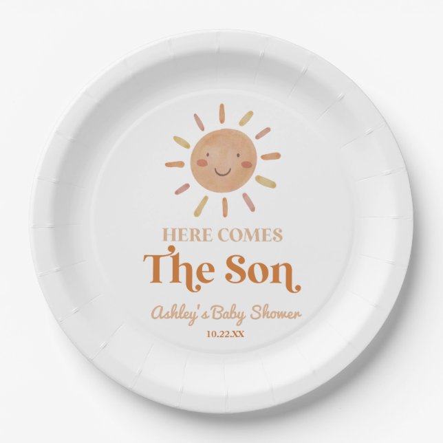 Here Comes The Son Boho Bohemian Retro Baby Shower Paper Plate (Front)