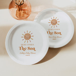 Here Comes The Son Boho Bohemian Retro Baby Shower Paper Plate
