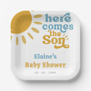 Here comes the son boho retro baby shower  paper plate