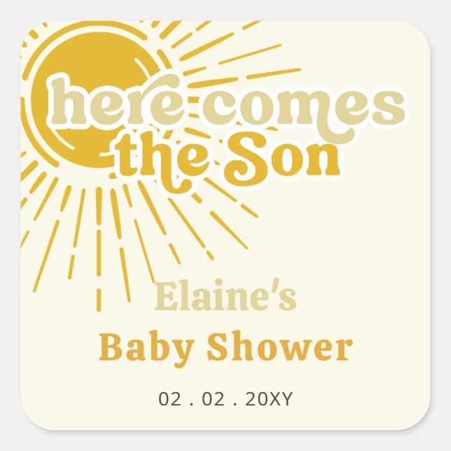 Here comes the son boho retro baby shower  square sticker (Front)