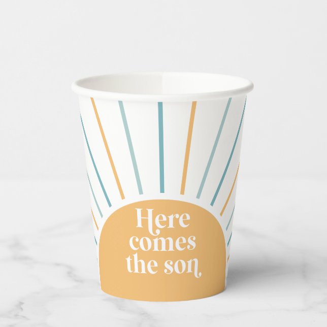 Here Comes the Son Boho Sunshine Blue Baby Shower Paper Cups (Left)