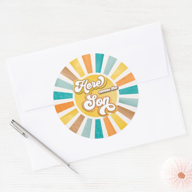 Here Comes the Son Boho Sunshine Boy Baby Shower Classic Round Sticker (Envelope)