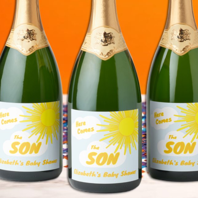 Here Comes The Son Boy Baby Shower Sparkling Wine Label (Creator Uploaded)