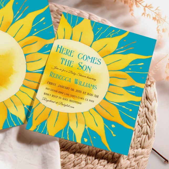 Here Comes the Son Boy Blue Sunshine Baby Shower Invitation (Creator Uploaded)