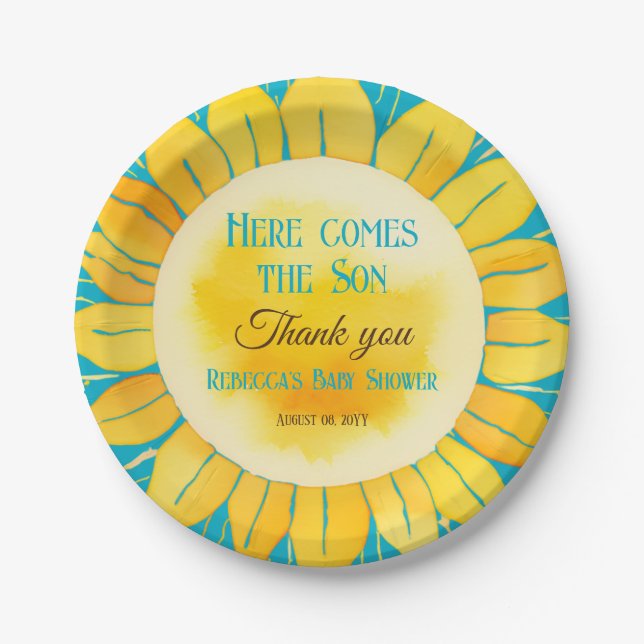 Here Comes the Son Boy Blue Sunshine Baby Shower Paper Plate (Front)
