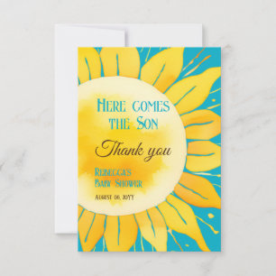 Here Comes the Son Boy Blue Sunshine Baby Shower Thank You Card