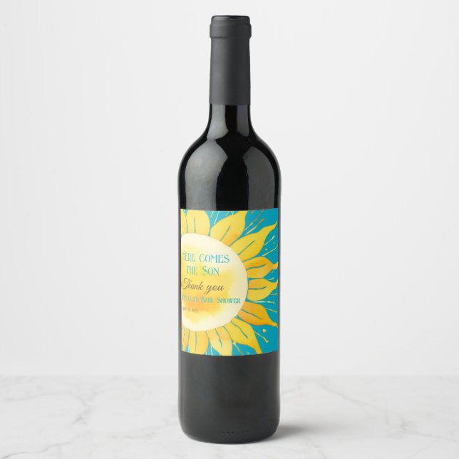 Here Comes the Son Boy Blue Sunshine Baby Shower Wine Label (Front)