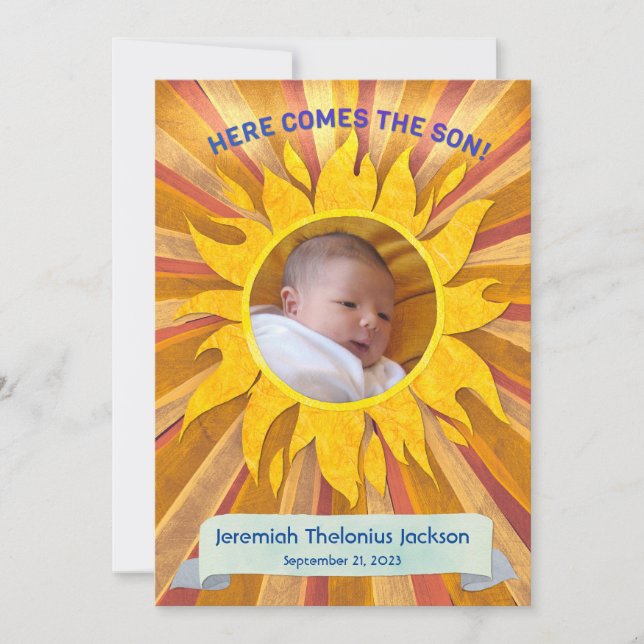 Here Comes the Son Custom Photo Birth Announcement (Front)