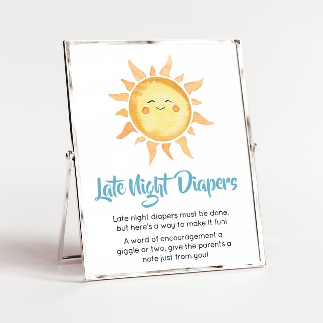 Here Comes the Son Cute Sun Late Night Diapers Poster (Sunshine Here Comes the Son Baby Shower Late Night Diapers Sign)