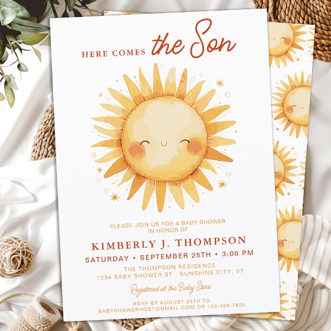 Here Comes The Son Cute Sunshine Boy Baby Shower Invitation (Creator Uploaded)