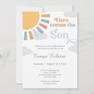 Here comes the Son groovy boy baby shower invite. Invitation