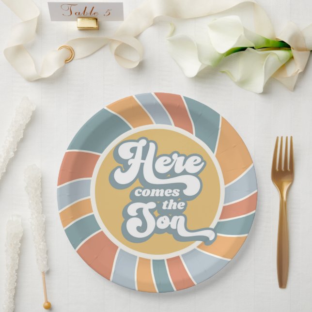Here Comes The Son Groovy Retro Sun Baby Shower Paper Plate (Wedding)
