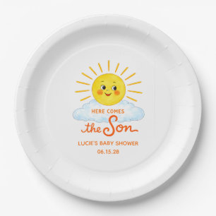 Here Comes the Son Hand Drawn Sunshine Baby Shower Paper Plate