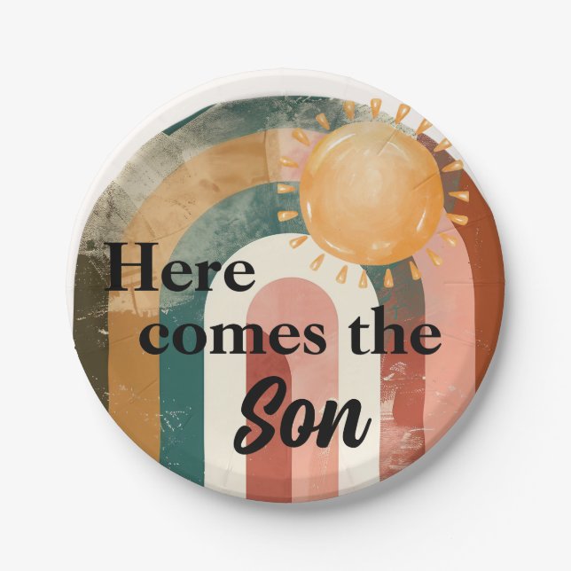 Here Comes the Son Masculine Rainbow Baby Shower Paper Plate (Front)