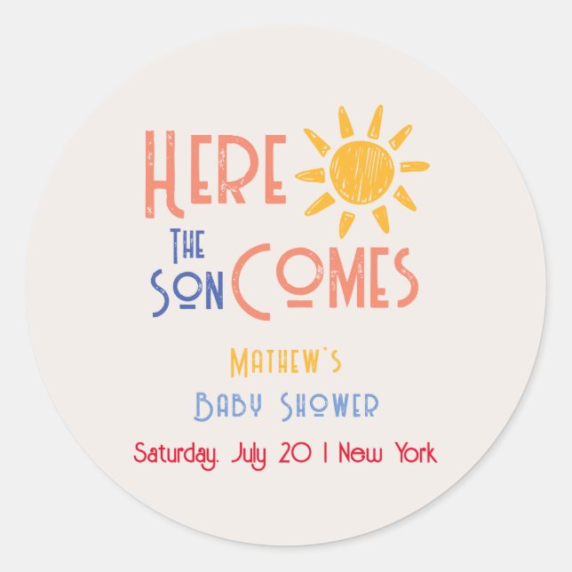 Here Comes The Son Minimal Retro Sun Baby Shower Classic Round Sticker (Front)