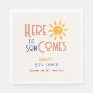 Here Comes The Son Minimal Retro Sun Baby Shower Napkin