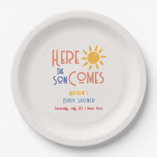 Here Comes The Son Minimal Retro Sun Baby Shower Paper Plate