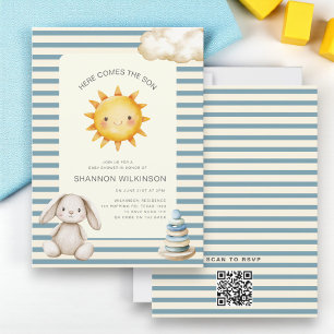 Here comes the son QR code stripes baby shower Invitation