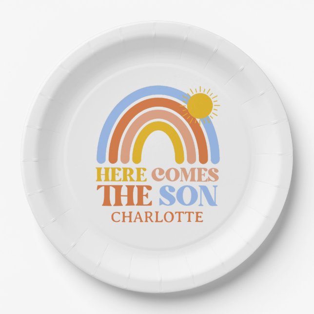 Here Comes The Son Rainbow Boy Baby Shower Paper Plate (Front)