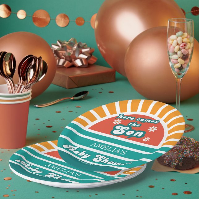 Here Comes the Son Retro Baby Shower Party Paper Plate (Multi)