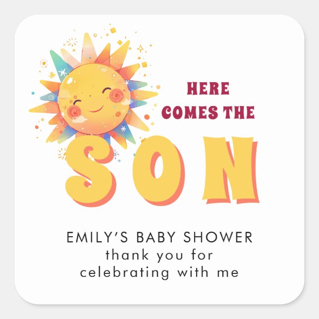 Here Comes The Son Retro Boy Baby Shower Square Sticker (Front)