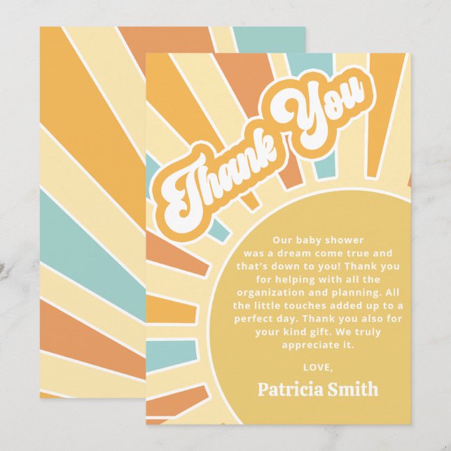 Here comes the son retro boy baby shower thank you card (Front/Back)