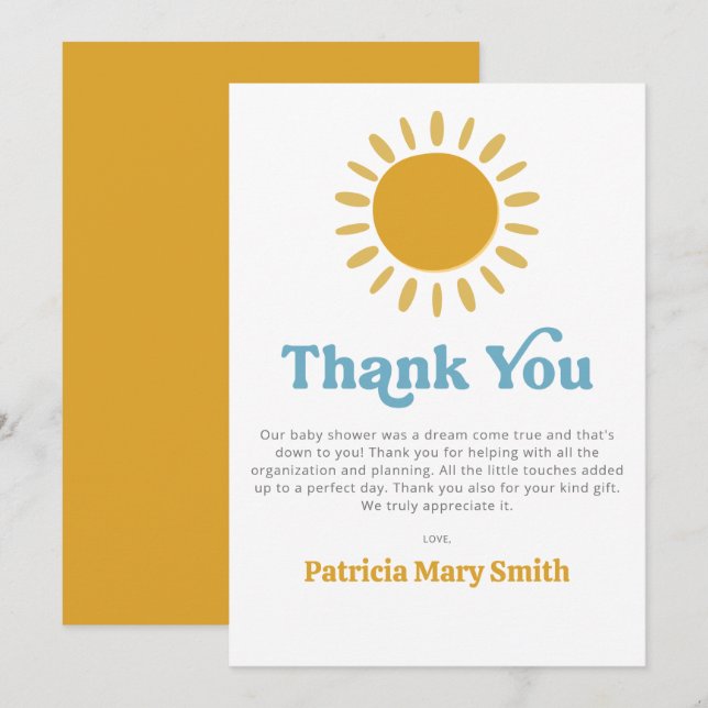 Here comes the son retro boy baby shower thank you card (Front/Back)