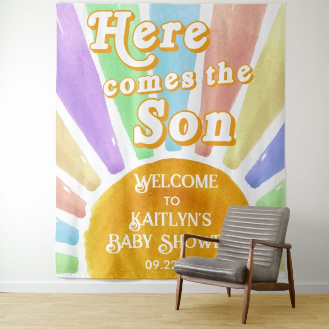 Here Comes The Son Retro Boys Baby Shower Welcome Tapestry (In Situ)