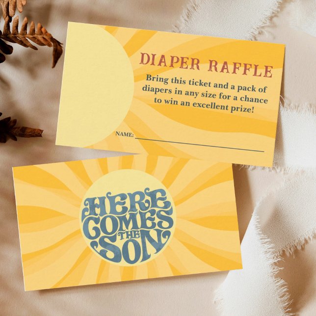 Here Comes the Son Retro Diaper Raffle Enclosure Card (Here Comes the Son retro baby shower diaper raffle features fun sun shape typography with rays.)