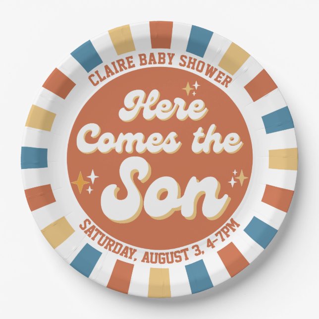 Here Comes the Son Retro Groovy Baby Shower Birth Paper Plate (Front)