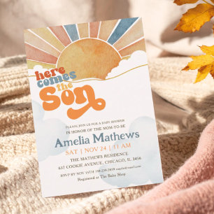 Here Comes The Son Retro Script Boy Baby Shower Invitation