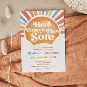 Here Comes The Son Retro Sun Boy Baby Shower Invitation
