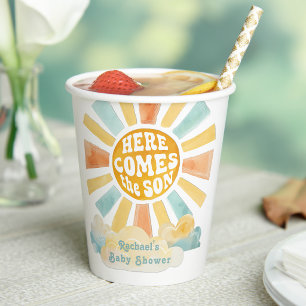 Here Comes the Son Retro Sunburst Baby Shower Paper Cups