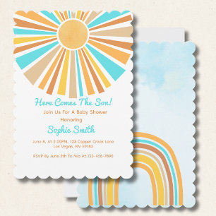 Here Comes The Son, Retro Sunshine Boho Rainbow Invitation