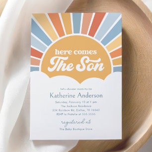 Here Comes the Son Retro Sunshine Boy Baby Shower Invitation