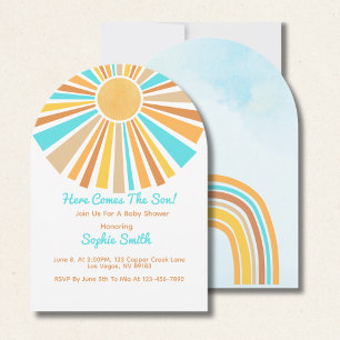 Here Comes The Son, Retro Sunshine Orange Blue  Invitation