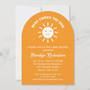 Here Comes The Son Sun Orange White Baby Shower Invitation