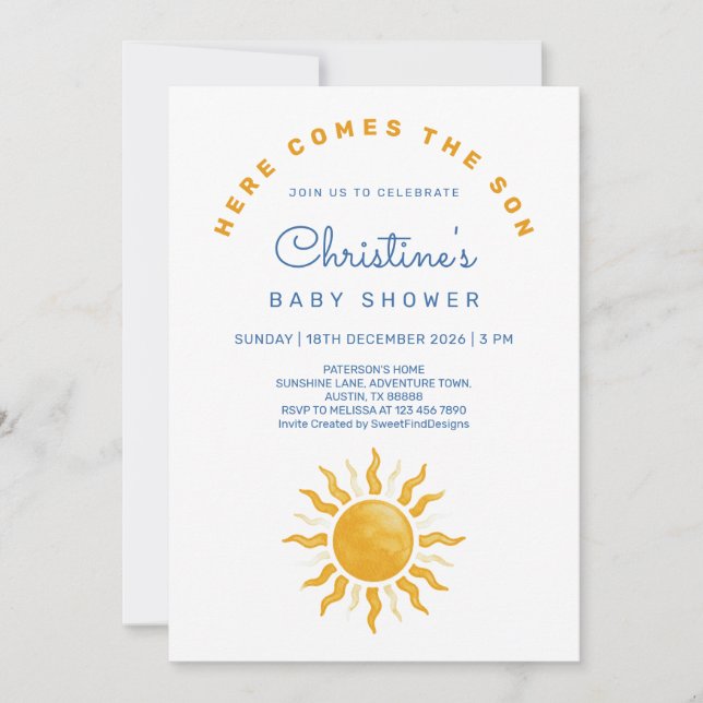 Here comes the son Sunshine Baby Boy Shower Invitation (Front)