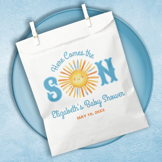 Here Comes the Son Sunshine Baby Shower Favour Bags (A cute Here Comes the Son Baby shower favor bag. So cute for a boy baby shower.)