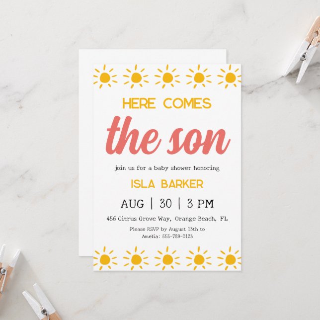 Here comes the son sunshine baby shower invitation (Front/Back In Situ)