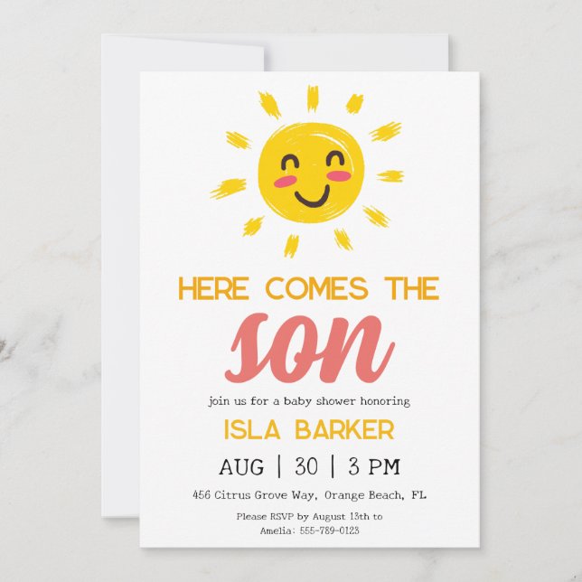 Here comes the son sunshine baby shower invitation (Front)