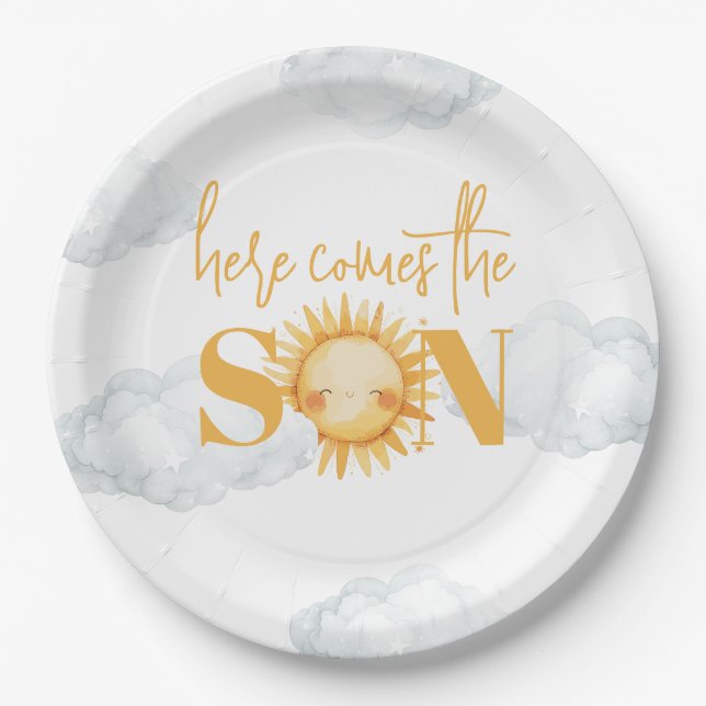 Here Comes The Son Sunshine Baby Shower Paper Plate (Front)