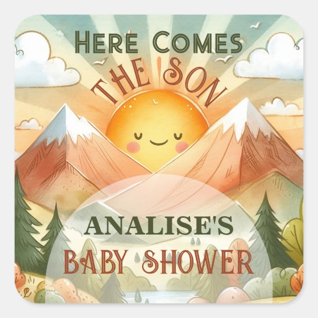 Here Comes The Son Sunshine Baby Shower Square Sticker (Front)